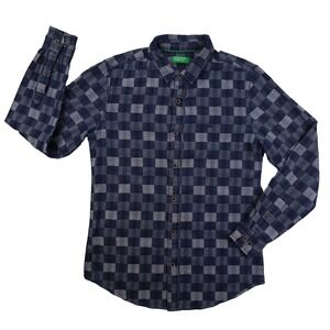 United Colors of Benetton Blue Denim Checkered Button Up Shirt Men's Medium